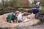 Glasgow University Wildlife Garden pond - Sophie, Laura and Stuart spreading sand