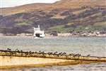 CalMac Ferry MV Loch Shira and Oystercatcher flock