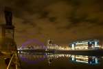 Clydeside, Glasgow by night with River Clyde and Clyde Arc or Squinty Bridge, Stobcross Crane and STV