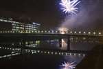 BBC and Bell's Bridge, River Clyde, Glasgow with Science Centre, fireworks